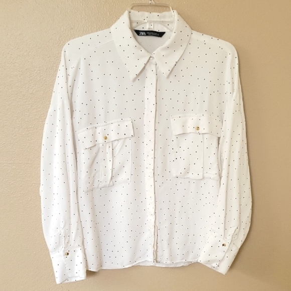 Zara Womens White Polka Dot Button Down Shirt - Size XL - Picture 1 of 7